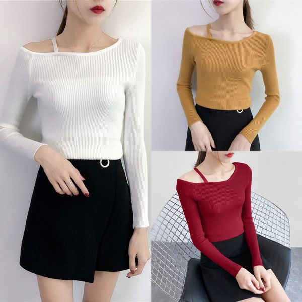 

korean version of ins super fire t-shirt women's suspender sweater t-shirt sweateroff shoulder sling sweater watch out for machine top, White;black