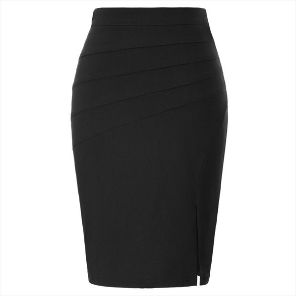 

navy blue skirt women office business wear ladies work solid color split skirt stretch ruched hips wrapped bodycon pencil skirt, Black