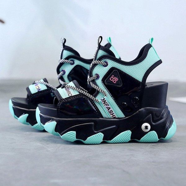 

summer women platform sandals mesh designers 9cm height increasing wedges casual shoes woman fashion lacing chunky sandal white, Black