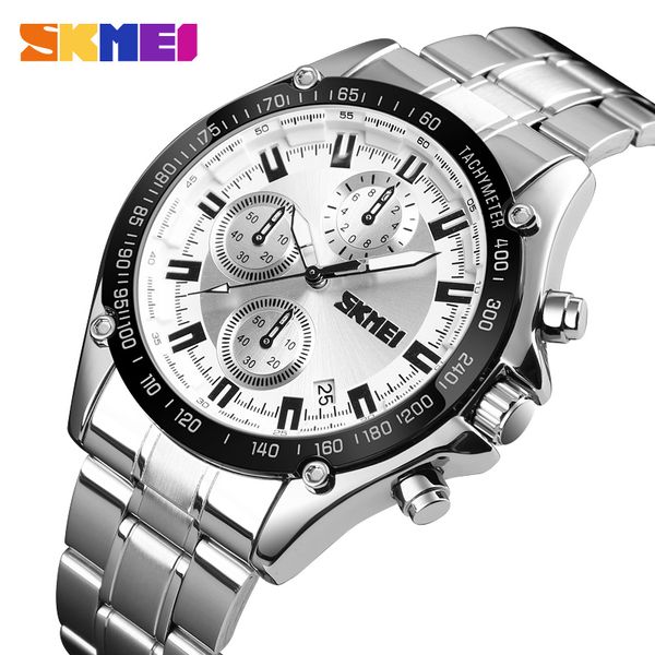 

skmei quartz watch men stainless steel strap waterproof watches date clock man fashion casual sport watch relogio masculino 1393, Slivery;brown