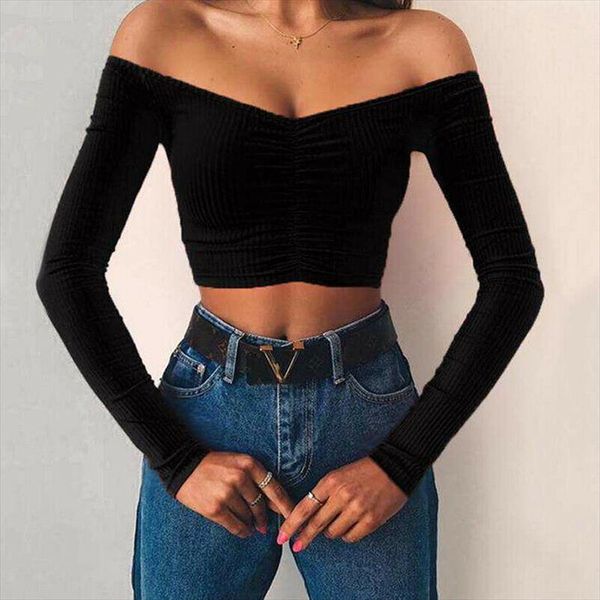 

autumn solid v cut off shoulder long sleeve crop women 2020 knitted smocked wrap basic skinny bodice short t shirt, White