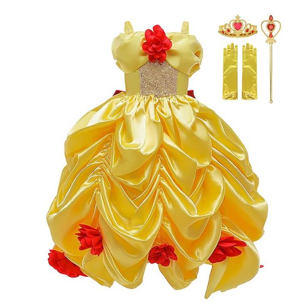 

dress up dresses for girls off shoulder yellow fluffy gown summer fancy party kids costumes, Red;yellow