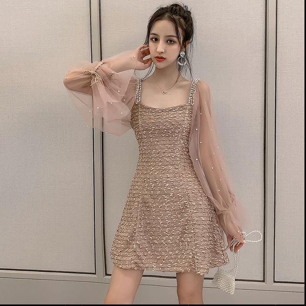 

vintage beading mesh patchwork korean dress women s xl autumn street sweet ladies dresses kawaii mini elegant dress long sleeve, Black;gray