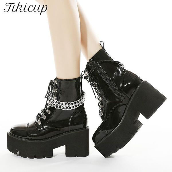 

boots tikicup all black women patent chunky ankle platform wild alternative high heels booties goth punk shoes with chains