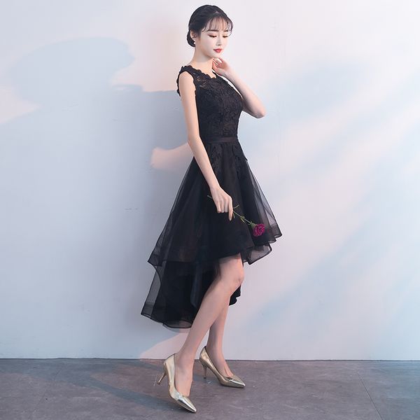 

robe de soiree black o-neck sleeveless lace vestido de festa evening dress short front long back party dresses prom dresses, Black;red