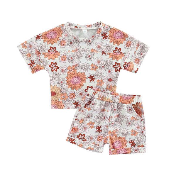 

toddler kids baby girls clothing summer casual set short sleeve round neck floral print t-shirts pocket elastic waist shorts g220217, White