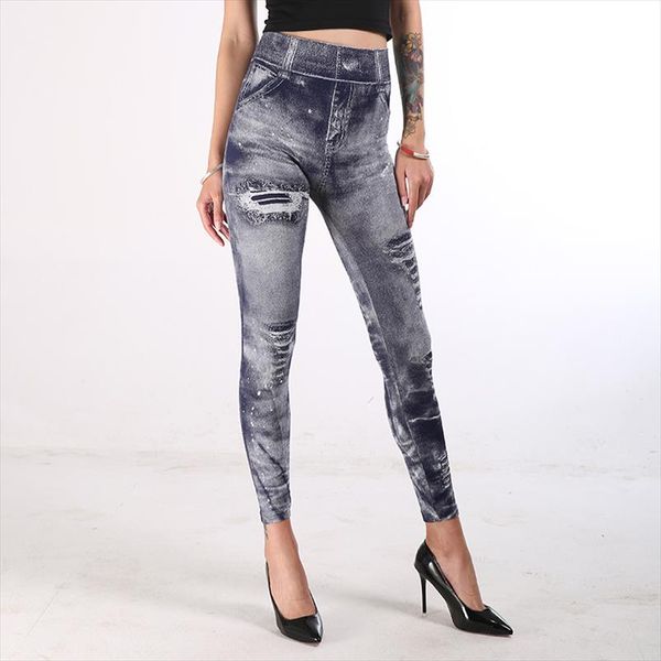 

fashion slim women leggings faux denim jeans leggings long pocket printing summer casual pencil pants dropship, Black