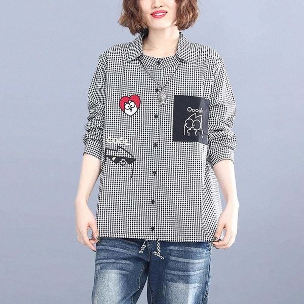 

2020 art plus size loose cotton and linen plaid lapel ladies long-sleeved shirt all-match casual plaid plus size clothing #wu7s, White