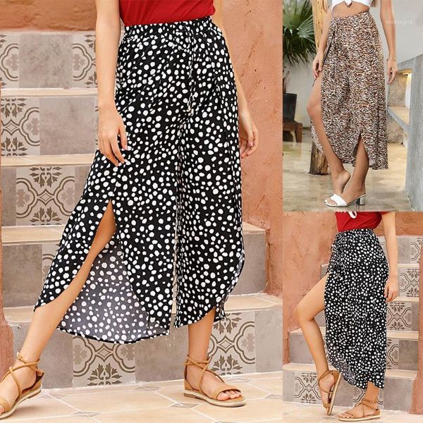 

women high waist bohemian pants women elastic waist casual irregular split wide legs long loose trousers white dots stripe#351, Black;white