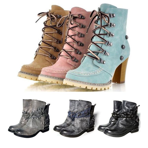 

new wholesale fashion boots high heel non-slip studded retro street style handmade casual womens boot plus size 35-43 short boots