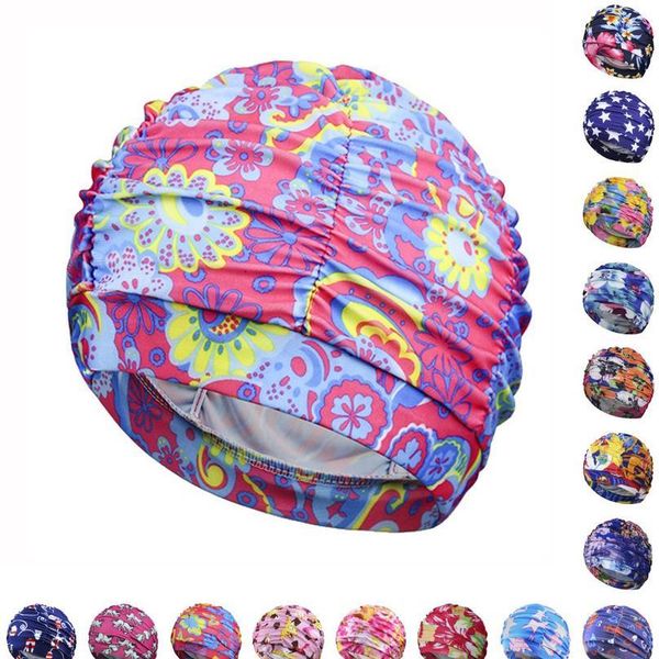 

women ladies multi flowers printed fabric swim pool sport swimming cap protect long hair ear large nylon bathing caps ha sqcbuc