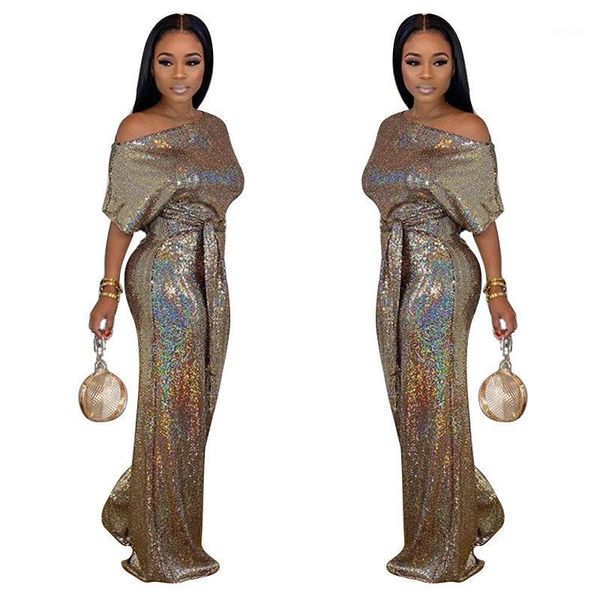 

2020 fashion shiny party women's sequined jumpsuits skew collar short sleeve rompers wide leg pants lace-up fashion overall1, Black;white