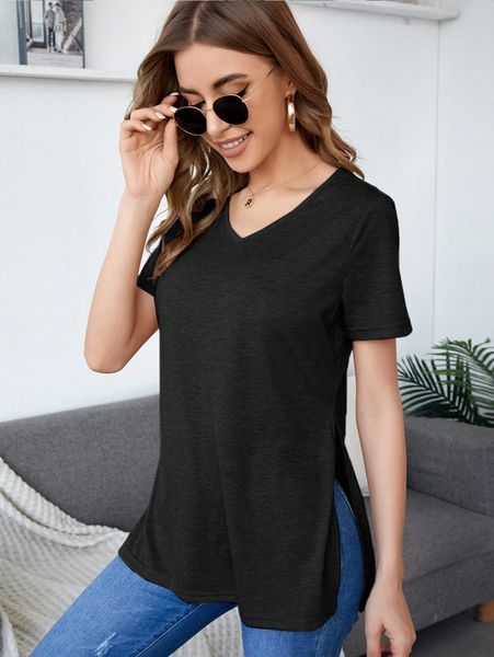 

v-neck split side solid tee v00j#, White