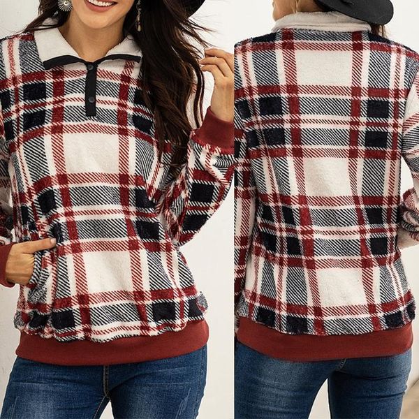 

women's blouses & shirts women sweatshirt hoodie plaid turn down collar button long sleeve pullover teddy streetwear ladies hoodies q3, White