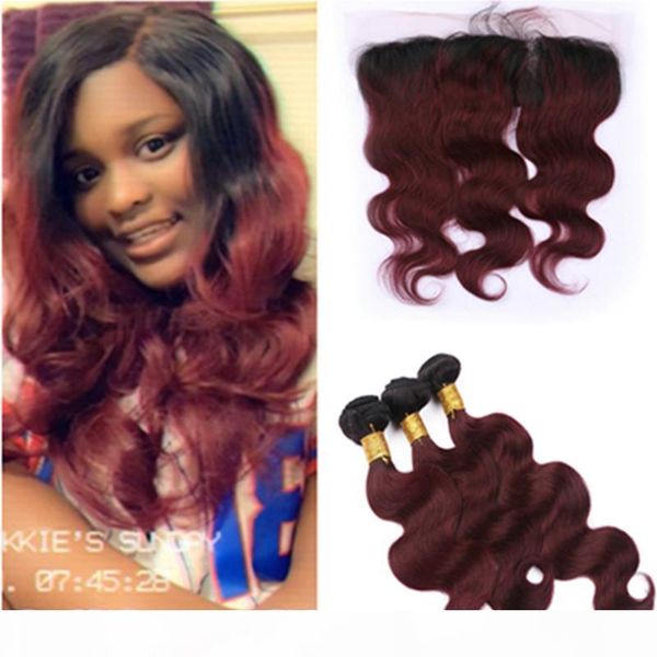

body wave 1b 99j wine red ombre 13x4 full lace frontal with 3bundles virgin brazilian burgundy ombre human hair weaves with lace frontal, Black;brown