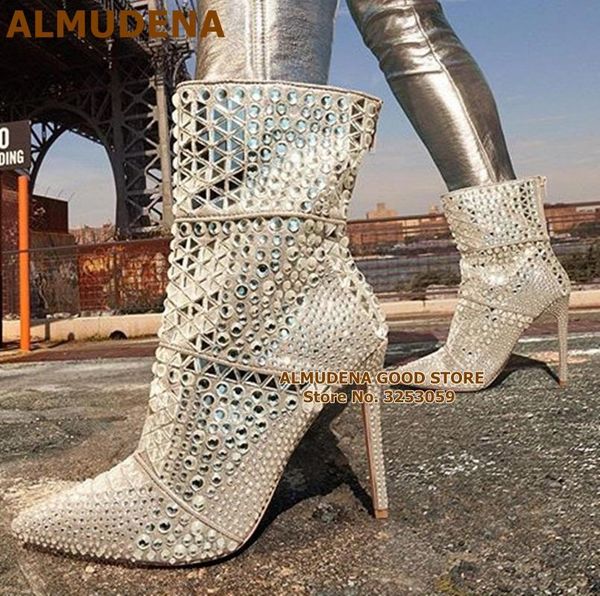 

almudena bling bling crystal ankle boots stiletto high heels triangle beaded patchwork wedding shoes banquet pumps shining shoes, Black