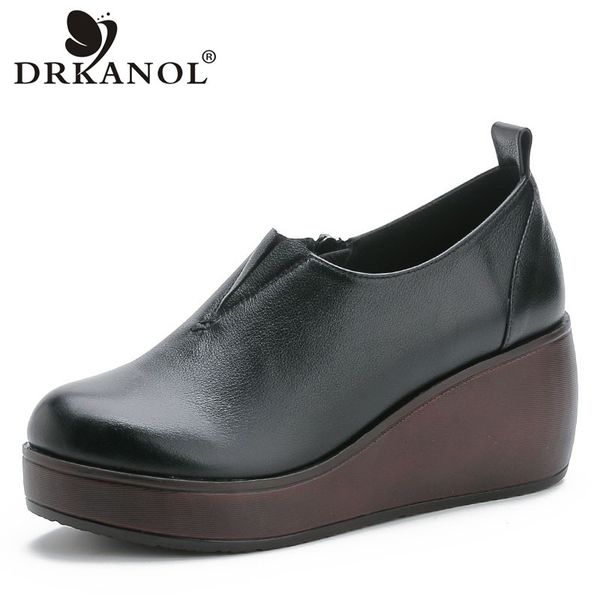 

drkanol autumn classic black round toe pumps women wedges shoes side zipper genuine leather high heel platform casual shoes 1007, Black;white