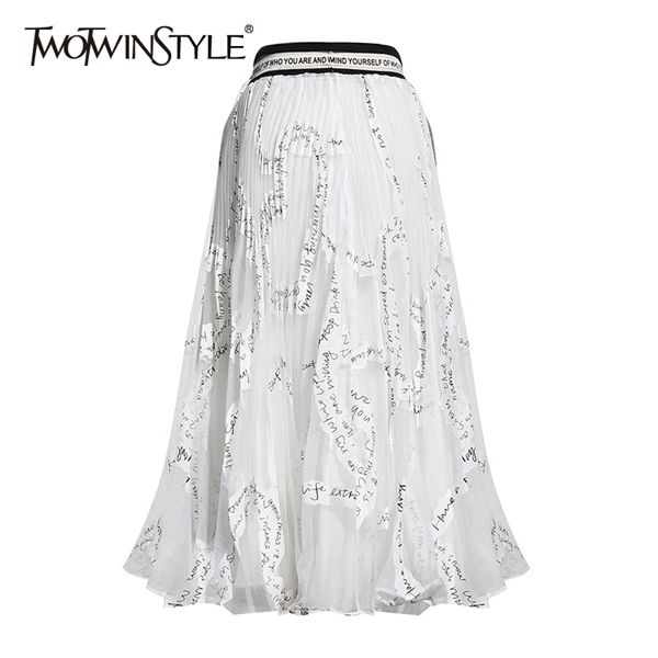 

twotwinstyle casual print mesh women skirt high waist pleated hit color letters skirts for female fashion summer 2020 clothing 1014, Black