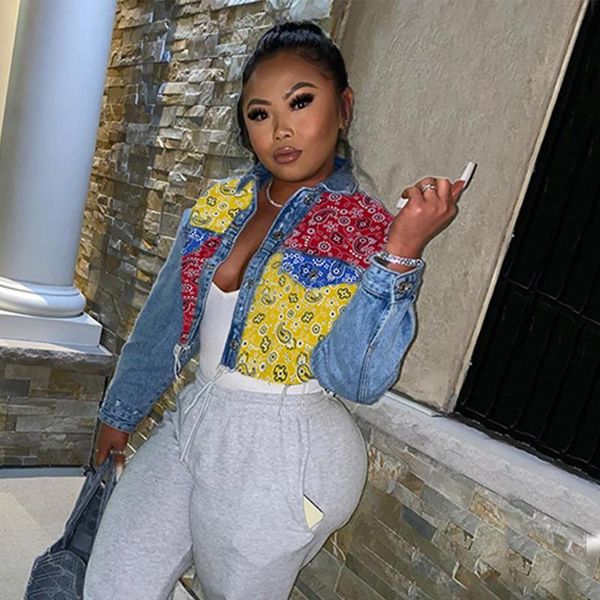 

2020 new fashion splicing denim jackets long sleeve short jean coat casual loose streetwear denim woman clothing, Black;brown
