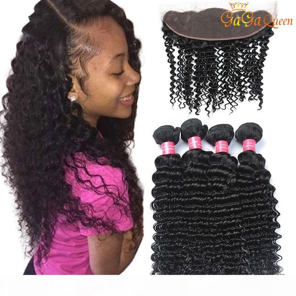 

peruvian deep wave hair bundles with 4x13 lace closure peruvian deep wave human hair weave bundles ear to ear lace frontal, Black;brown