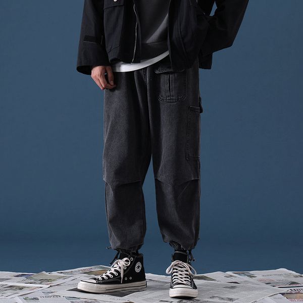 

straight men's fashion solid color retro multi-pocket tooling jeans men streetwear wild loose hip hop denim trousers mens, Blue