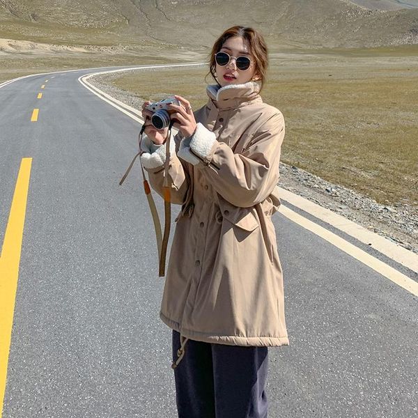 

casual lamb velvet parkas women drawstring waist stand collar wool inside zipper thick warm jackets solid basic outwear coats, Black