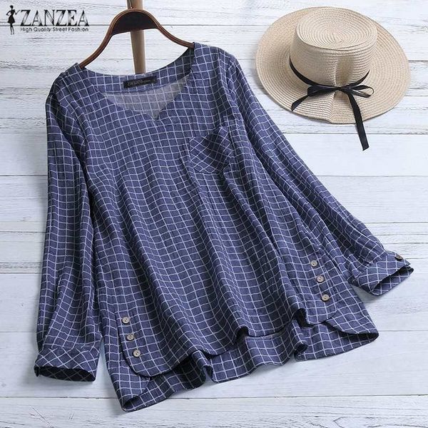 

zanzea tunic check women's asymmetrical blouse plus size fashion casual long sleeve shirts female button blusas y200622, White