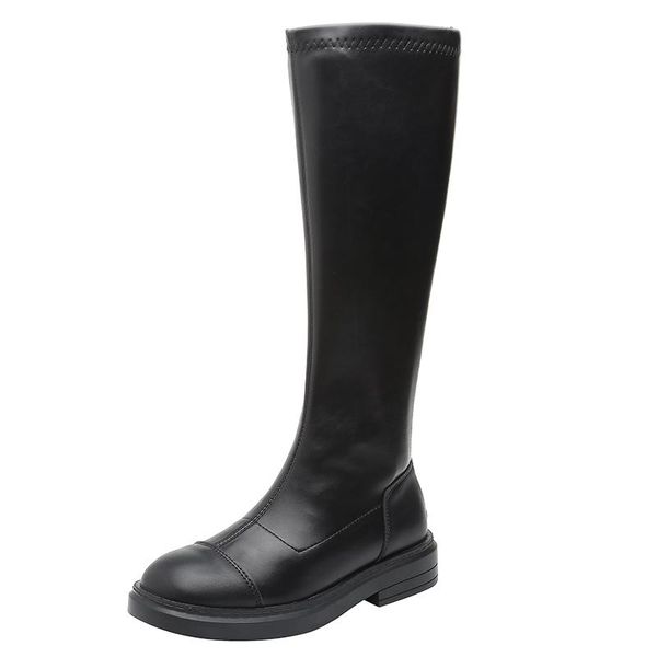 

women faux leather pull on high boots women's long zip up boots, Black