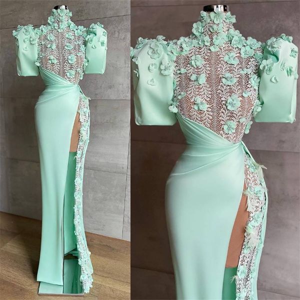 Menta Verde Prom Vestidos High Neck Cap Sleeves Curto Vestido de Noite Personalizado Made Renda Appliques Flor Lado Split Chão Comprimento Celebridade Festa Vestido