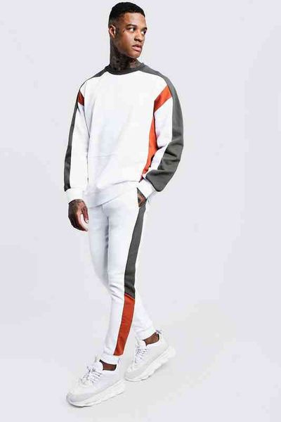 

men's 2020 men's hooded solid color sports casual sweater suit, White;black