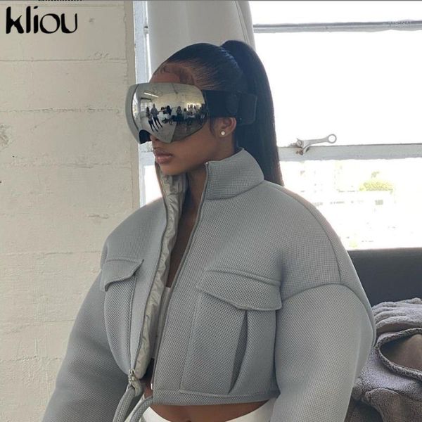 

kliou mesh plaid autumn spring coat women trend turtleneck zipper pocket crop jacket solid slim drawstring female outerwear, Black;brown