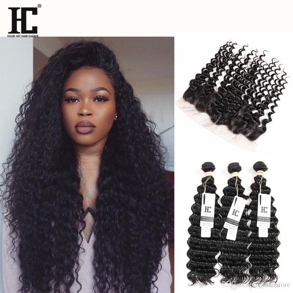 

ear to ear 13x4 lace frontal closures with 3 bundles brazilian peruvian indian malaysian deep wave curly virgin human hair weaves 8a grade, Black