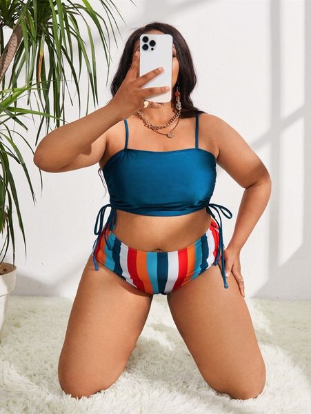 

plus rainbow stripe drawstring side bikini swimsuit z4am#, Black