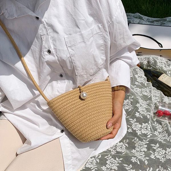 

fashion women hand woven pearl straw bucket bag rattan bohemia style beach circle shoulder bags cossbody handbags