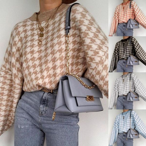 

2020 new vintage sweater women plus size loose pullover fashion plaid printing sweater female winter clothes oc61, White;black