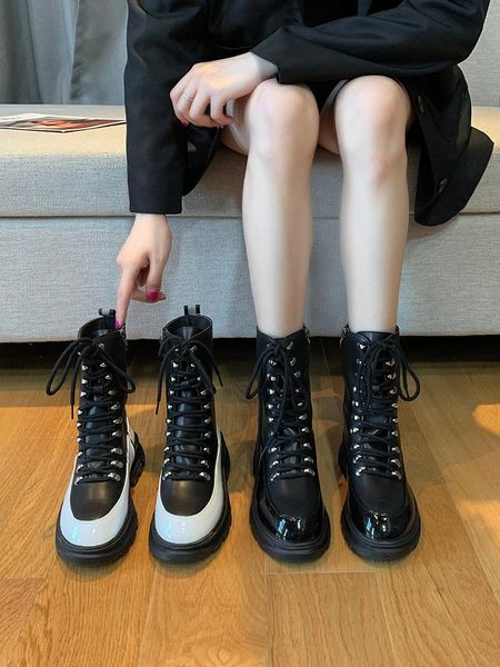 

rock shoes woman summer boots women boots-women booties ladies luxury designer round toe clogs platform lace up 2020 fashion, Black