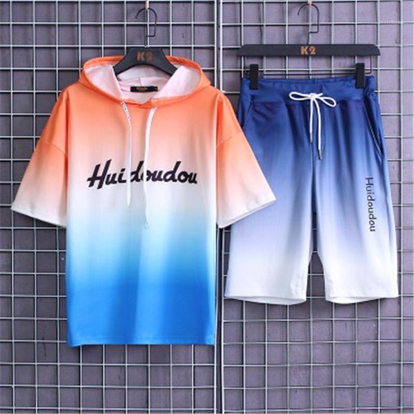 

loose casual 2pcs suits man letter gradient sets fashion korean version short sleeve hooded t-shirt shorts tracksuits designer new male, Gray