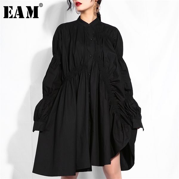 

[eam] 2020 new spring autumn stand collar long sleeve black pleated fold stitch irregular big size dress women fashion tide lj201209, White;black