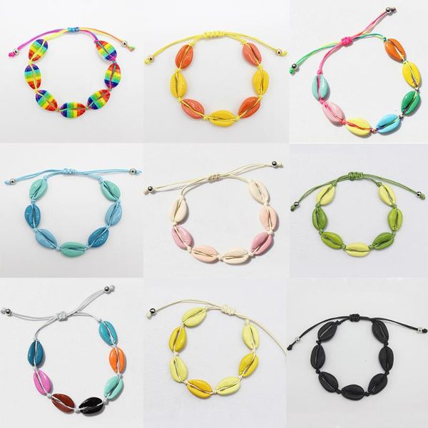 

2021 new colorful cowrie summer rainbow sea shell bracelet for women handmade adjustable rope chain fashion beach jewelry gift, Golden;silver