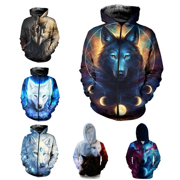 

wolf hoodies zipper sweatshirt galaxy space wolf 3d print hoodie men women jacket zip up sweaters hip hop graphic pullover s-5xl, Black