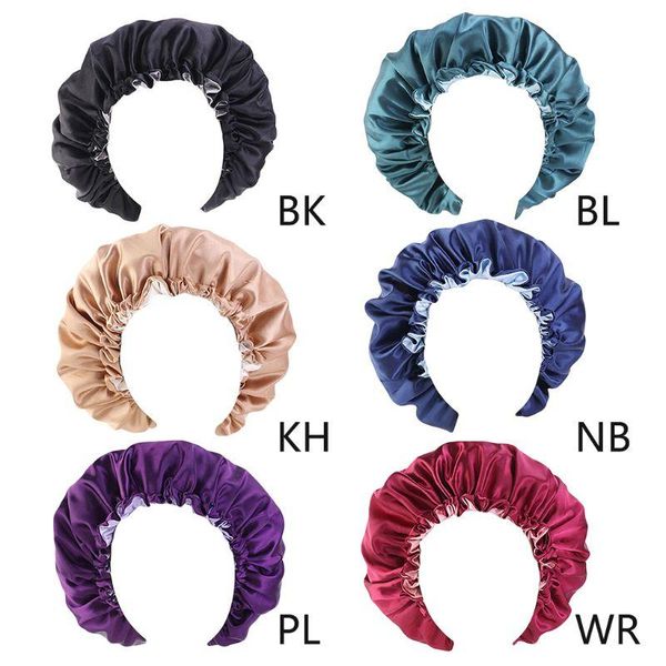 

women satin sleep bonnet cap extra large double layer reversible lady contrast color adjustable hair loss chemo turban hat, Blue;gray