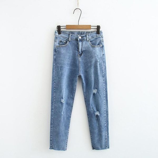 

women's jeans plus size stretchable blue elastic waist ankle denim trousers with holes