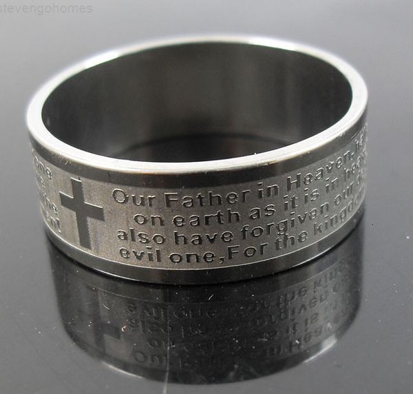 

steel stainless etch cross christian serenity prayer silver fashion jewelry band ring size 8 to 12 for man women