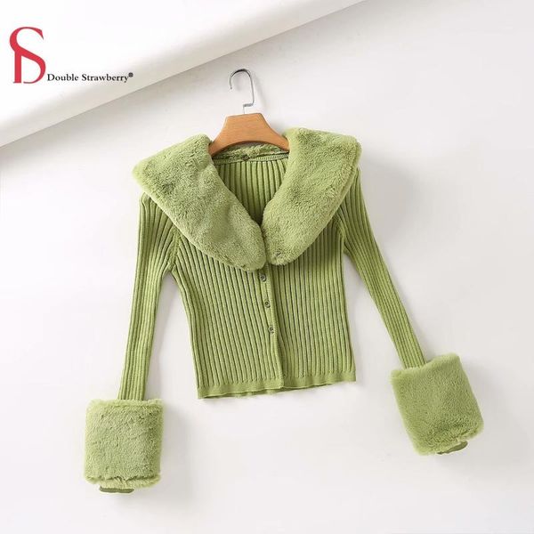 

women's knits & tees double strawberry winter three-color retro detachable fur collar threaded women streetwear sweater cardigan, White