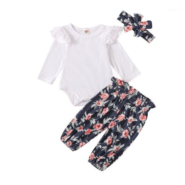 

autumn baby girl clothing children kids long sleeve romper floral print trousers headband 3pcs set outfits new style1, White