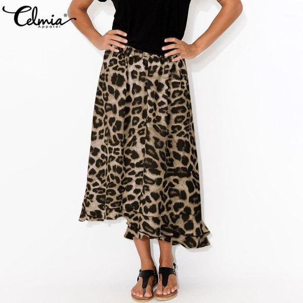 

celmia women vintage maxi skirt high elastic waist leopard print fashion skirts 2020 summer beach casual lady ruffles skirt1, Black