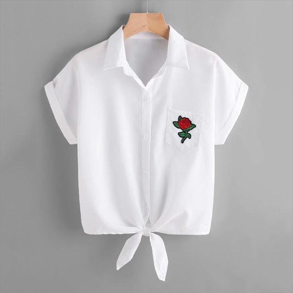 

new women blouse ladies rose flower print white blouses short sleeve button shirt drop shipping good quality