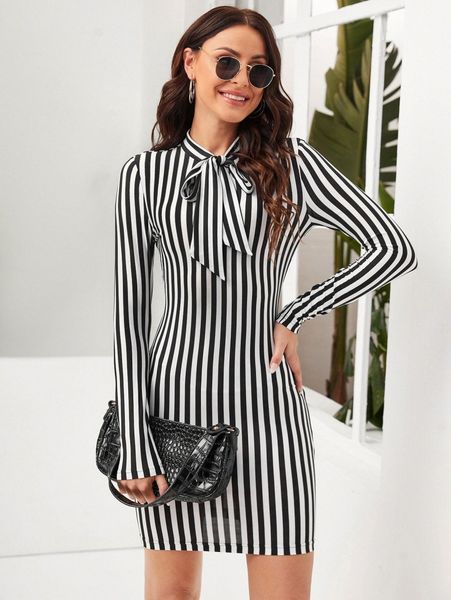 

vertical stripe tie neck bodycon dress y5v4#, Black;gray