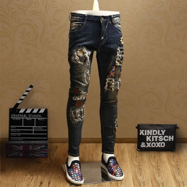 

men's jeans skinny fashion ripped mens patch streetwear blue jean pencil pants for men badge denim trousers