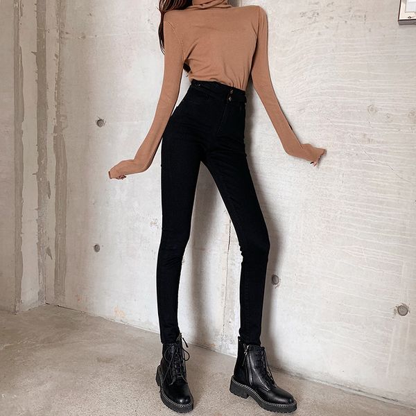 

women's 2021 retro-female breeches light-colored high waistband black line skinny pants autumn and new winter tlet, Blue